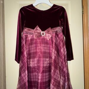 Bonnie Jean Burgundy Velvet Plaid Dress with Bow